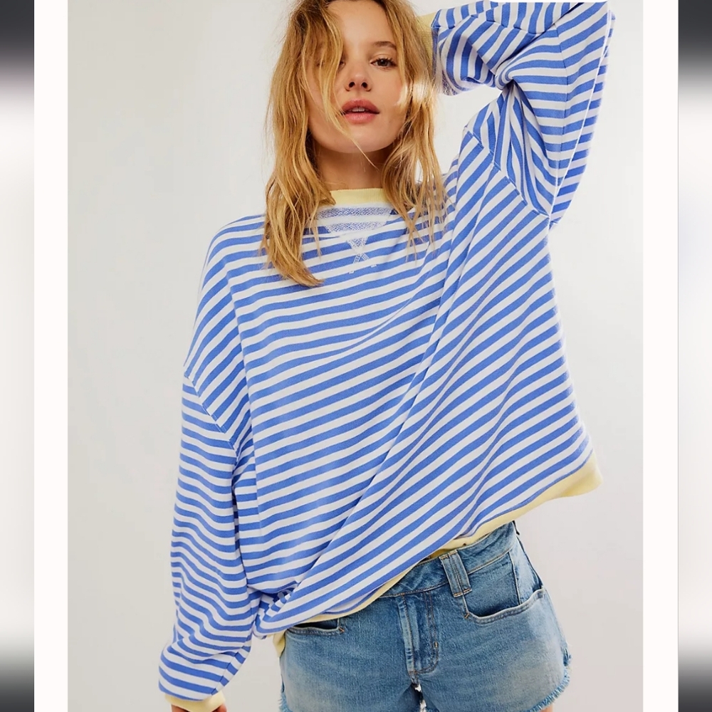 We The Free by Free People Striped Oversized Crewneck sweatshirt in Cobalt Combo